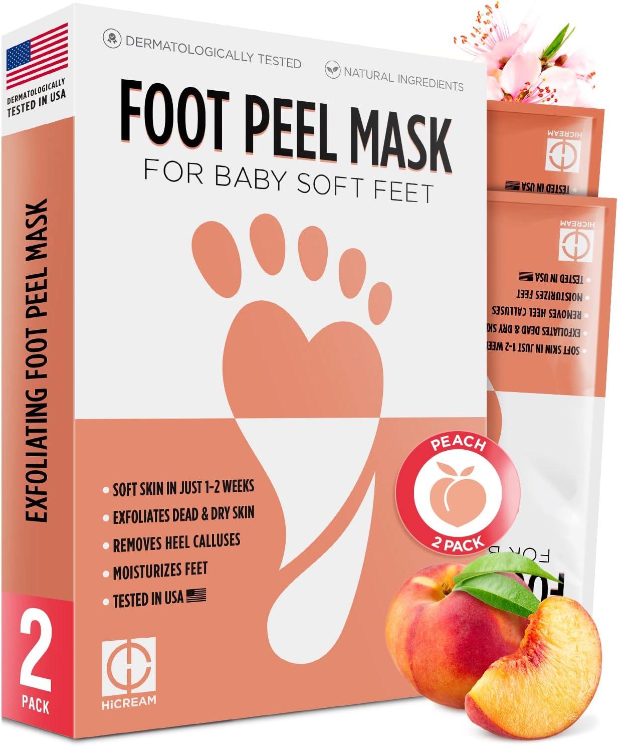 HicreamFoot Peel Mask- 2 Pairs of Regular Skin Exfoliating Foot mask For Cracked Heels, Dead Skin & Calluses, Removes & Repairs Rough Heels, Dry Toe Skin, Peach Scent