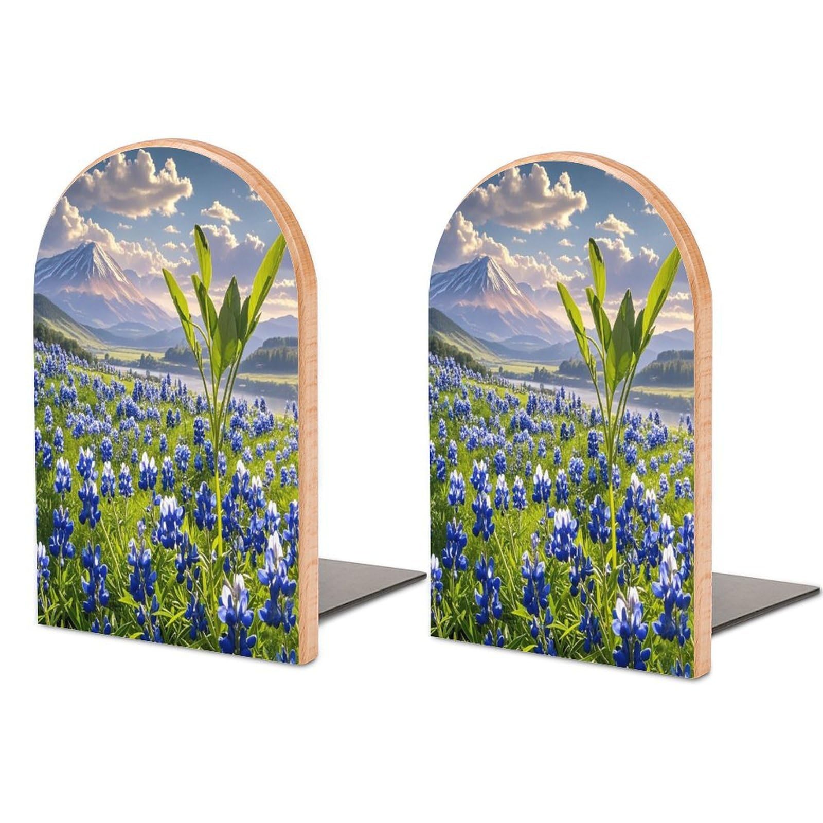 Bluebonnets Scenery Bookend Non-Skid Wooden Bookends for Shelves Heavy Duty Wood Book Ends Decorative Book Stopper Book Stand Non-Slip Book Organizer for Home Office Library