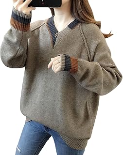 [MzcoYmm] セーター レディース vネック ニット トップス 長袖 プルオーバー 配色 切り替え リブ カットソー ゆったり 体型カバー きれいめ 暖かい 重ね着風 通勤 秋 冬