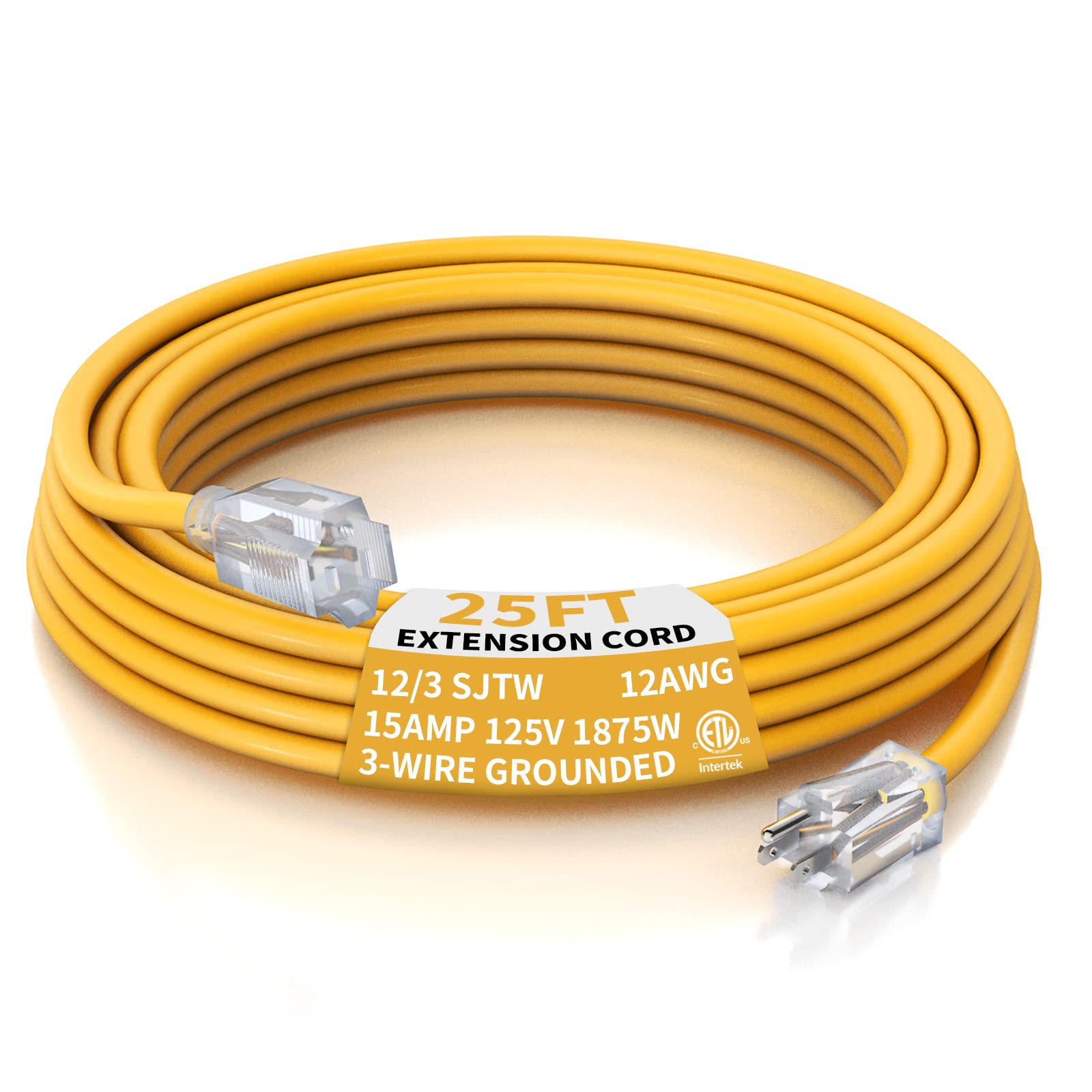 PLUGTUL 12 Gauge Extension Cord 25 Ft, Heavy Duty Outdoor Extension Cord Waterproof Lighted End SJTW, 3 Prong Grounded Plug for Safety, 15A 1875W, ETL