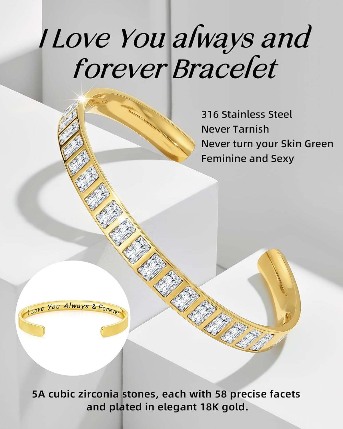 18K Gold/Rose Gold Plated Bracelets for Women, 5A Sparkling Square Cubic Zirconia Waterproof Never Tarnish Bangle Bracelet Jewelry, Equipped with Gift Box, Valentines Mother's Day Birthday Christmas Gifts for Women - Image 3