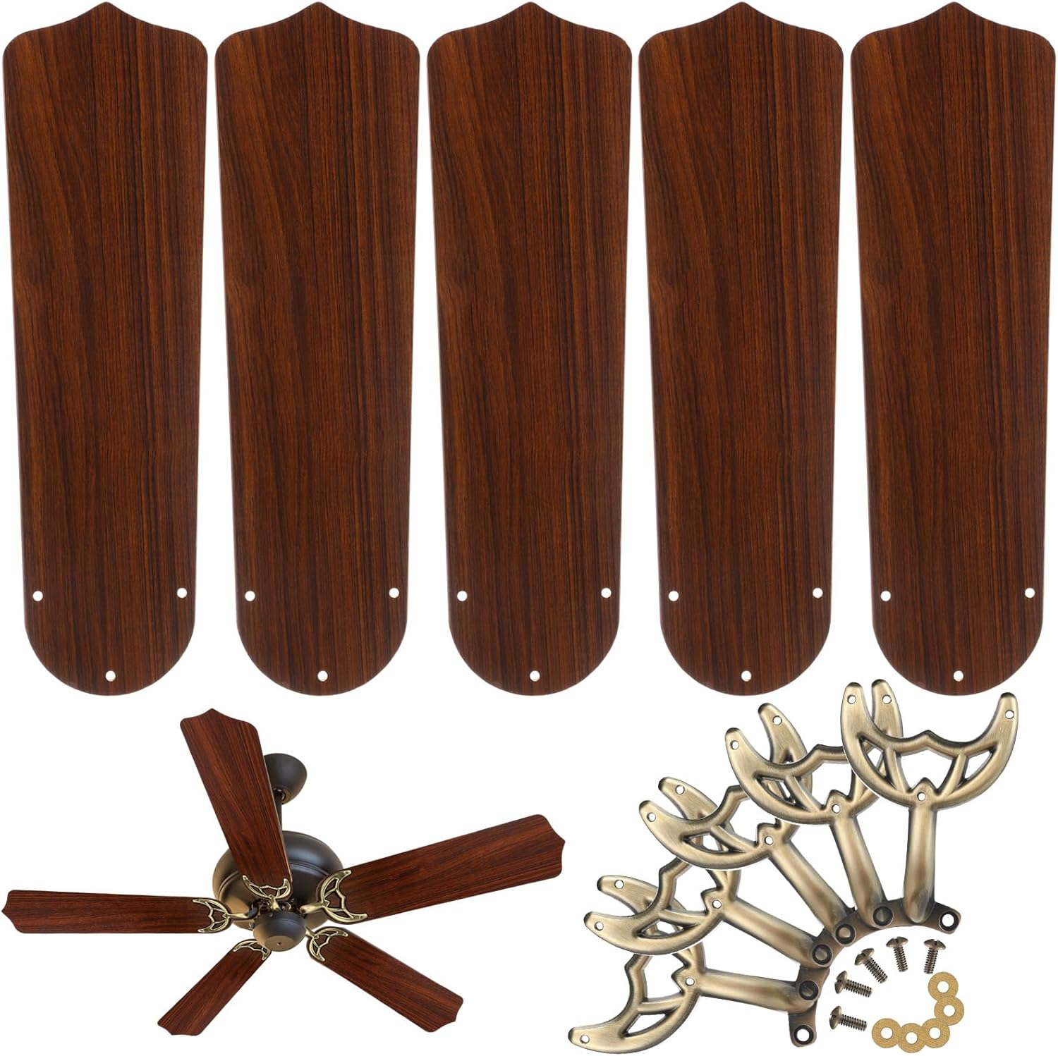 Yaocom 42 Inch Ceiling Fan Blade Arms & Oak/Walnut Blades Replacement - 5 Sets with Brass Hardware for Home & Patio (Chestnut Brown)