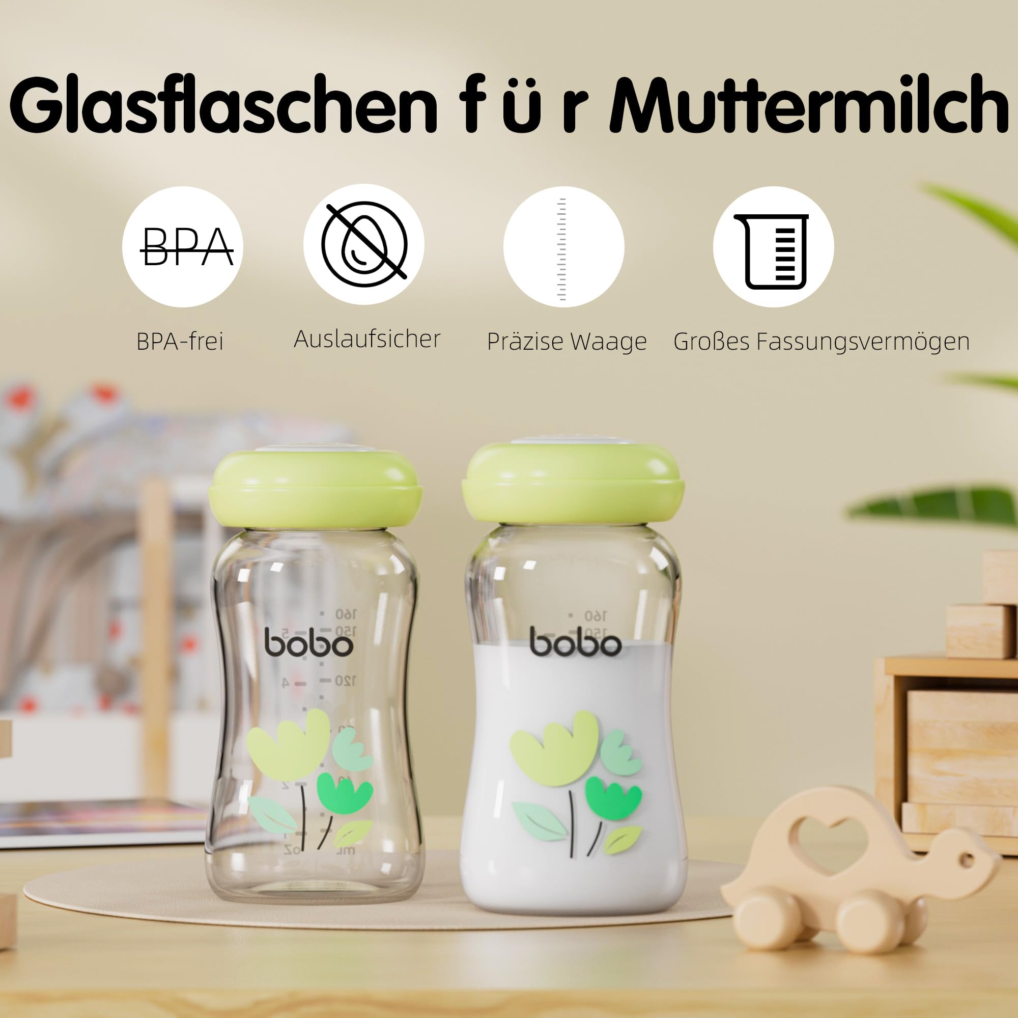 YOHKOH Premium-Glasflaschen für Muttermilch, 6 x 160 ml - zur sicheren Muttermilch Aufbewahrung, spülmaschinen-, gefrier- und mikrowellengeeignet (Mehrfarbig1, 160ml (6er Pack))