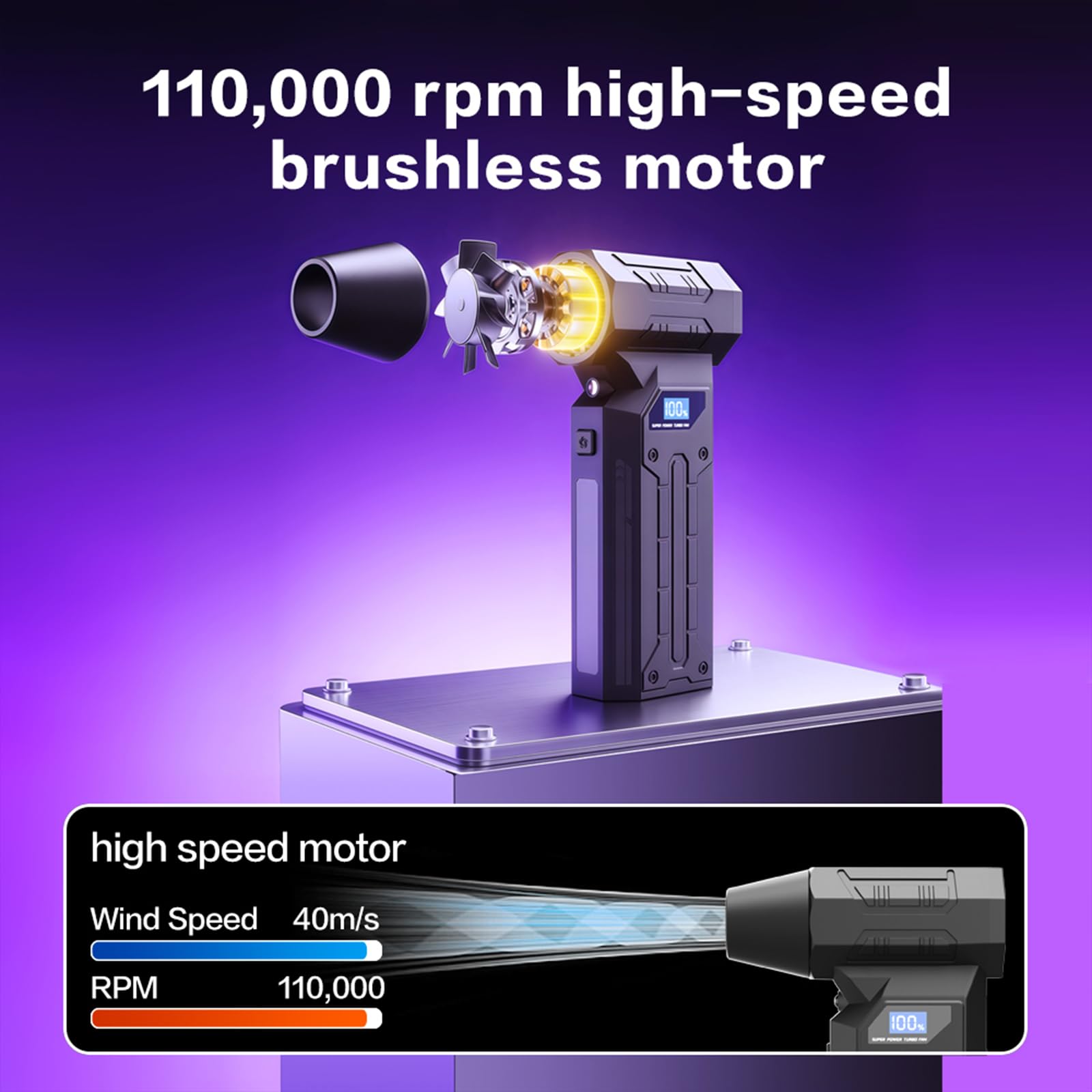 Innobeaut Plumero de aire eléctrico, 110.000 RPM para PC, soplador de aire inalámbrico compacto con 4 velocidades, batería de 4000 mAh, pantalla digital y 5 boquillas