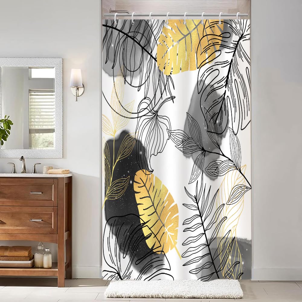 Uiiooazy Duschvorhang 120x200cm, Duschvorhang Anti Schimmel Grau Boho Style Tropisch Abstrakt Schwarz Gold Palmenblätter Dschungel Duschvorhänge Stoff Waschbar Wasserdicht Bad Vorhang mit 8 Haken