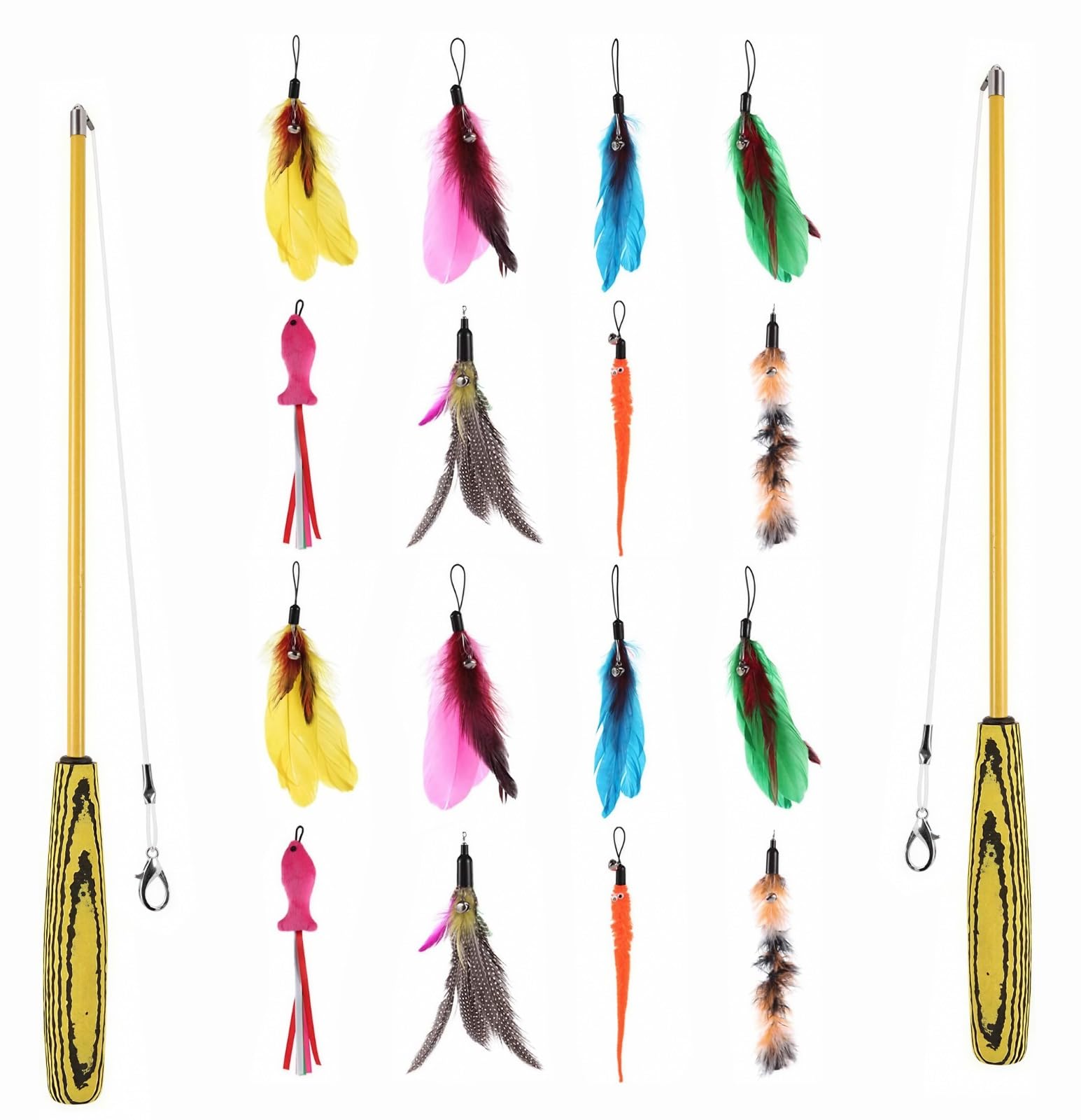 GrassVillage Cat Toys Pack of 2, Retractable Teaser Wand with 16 Feather Refills & 4 Spare Hooks, Interactive Wand Toy for Indoor Cats & Kittens, Exercise, Hunting & Play Training