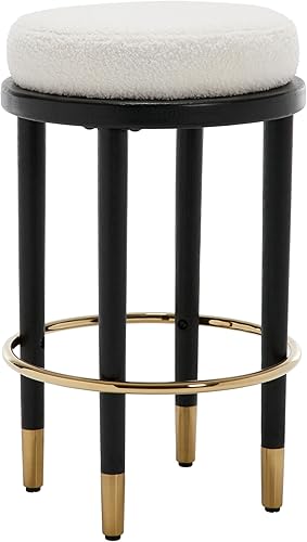Miniatura 7 de Juego de 2 taburetes de bar de 26 pulgadas de altura de mostrador, taburetes de bar tapizados de sherpa blanco con patas de madera negra, sillas de