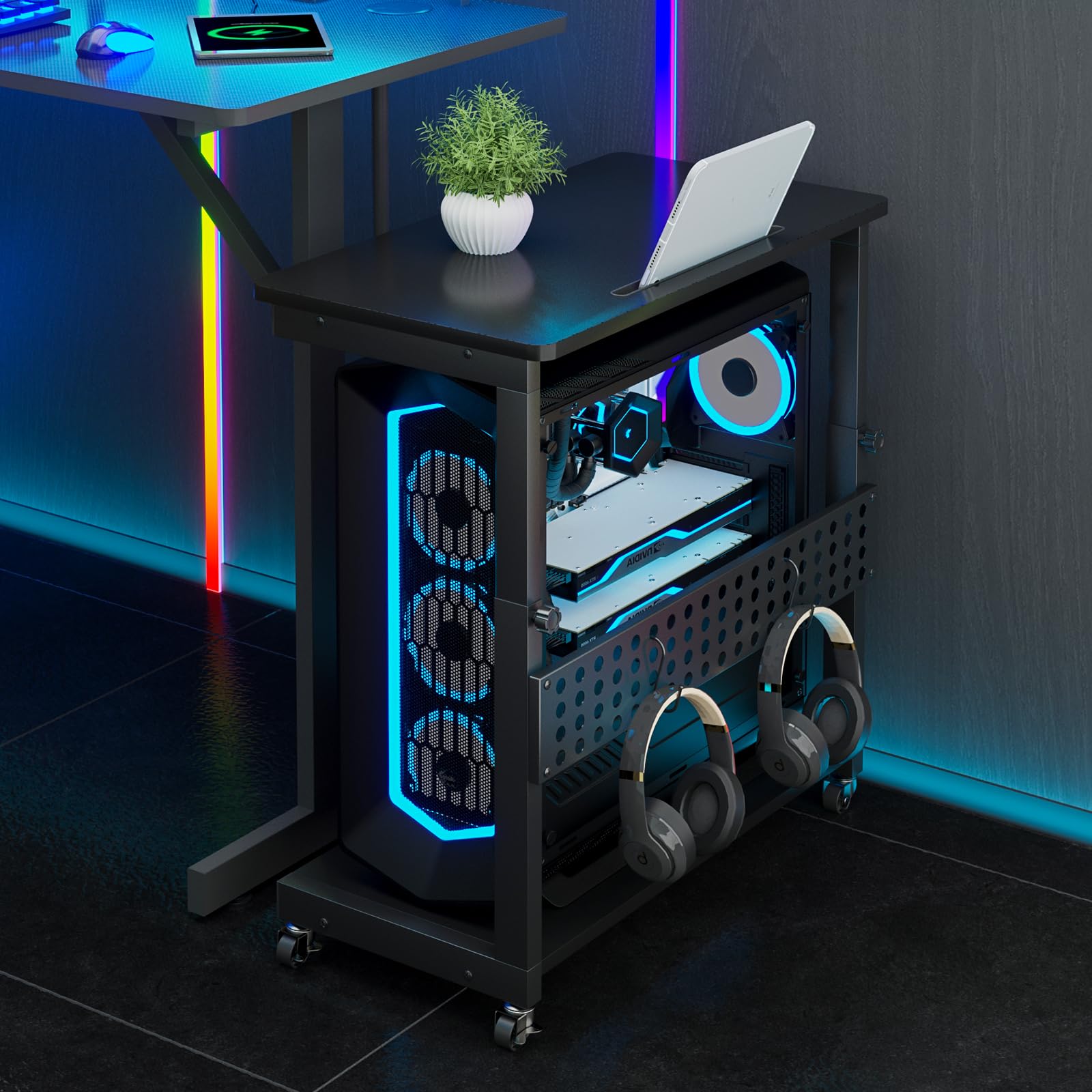 Höhenverstellbarer Computer Tower Ständer, PC Ständer mit Rollen & Schlitz & Haken, 2 Schicht Computer Stand, PC Rollwagen, Druckerständer, CPU Stand für Heimbüro, Schreibtisch, Computertisch, Schwarz