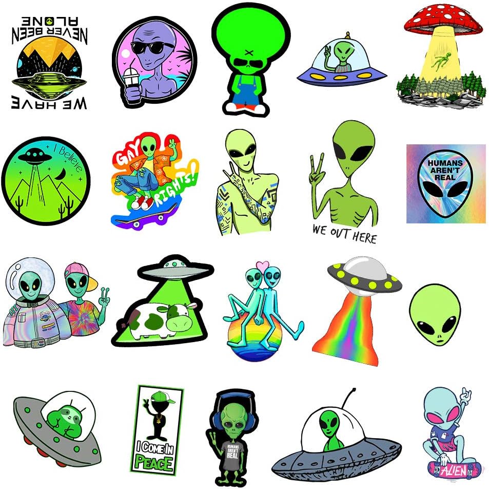 Alien Stickers for Girls Adults,50Pcs No Duplicates Waterproof Matte Vinyl Cool Alien Decals Pack for Water Bottle Skateboard,Alien Trippy Stickers for Boys Birthday Party Favor Gift