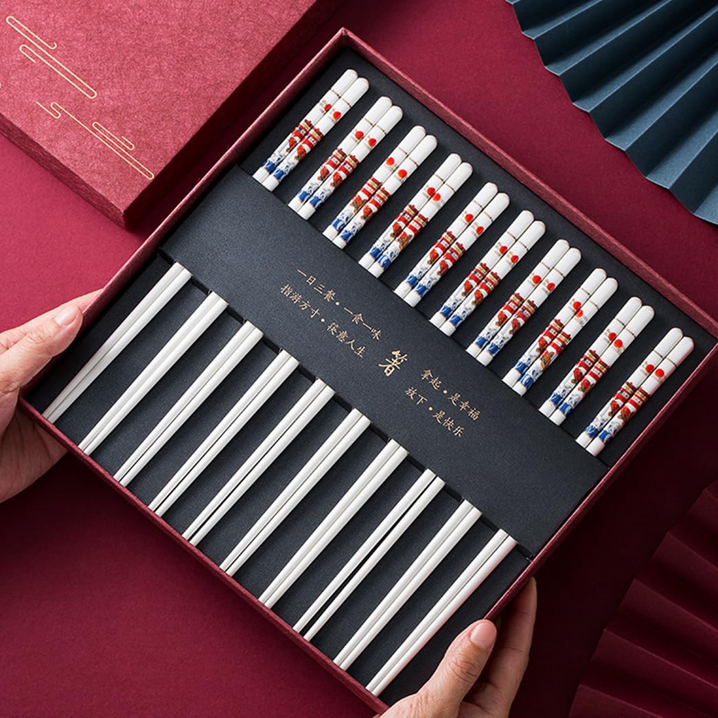 Coffret cadeau de baguettes en porcelaine japonaise, coffret cadeau de baguettes réutilisables lavables au lave-vaisselle avec étui, baguettes antidérapantes en céramique osseuse de haute qualité