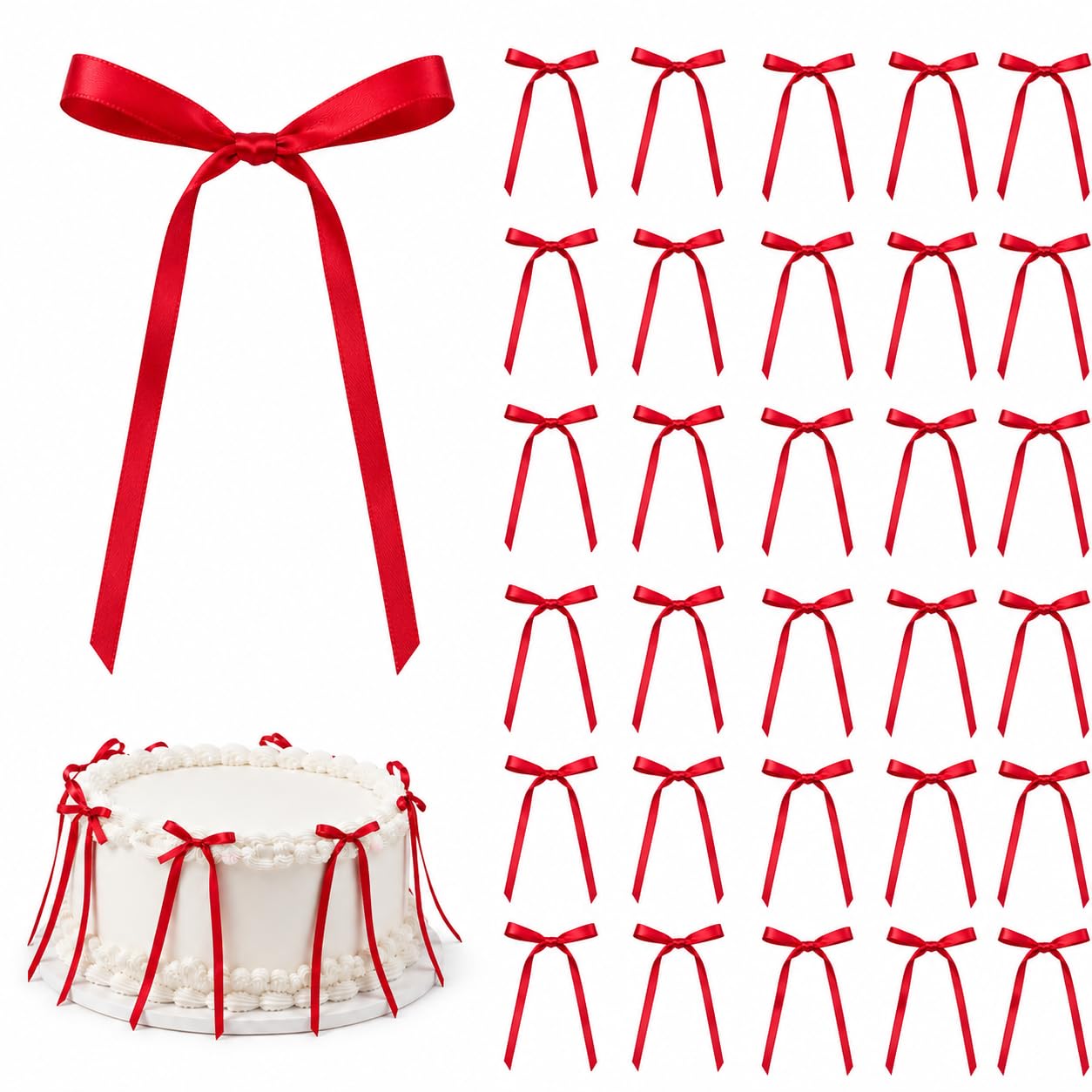 30 Pack Red Ribbon Bow Cake Toppers Birthday Decorations Coquette Bow Cupcake Toppers for Cake Dessert Wedding Bridal Balloon Wall Party Supplies