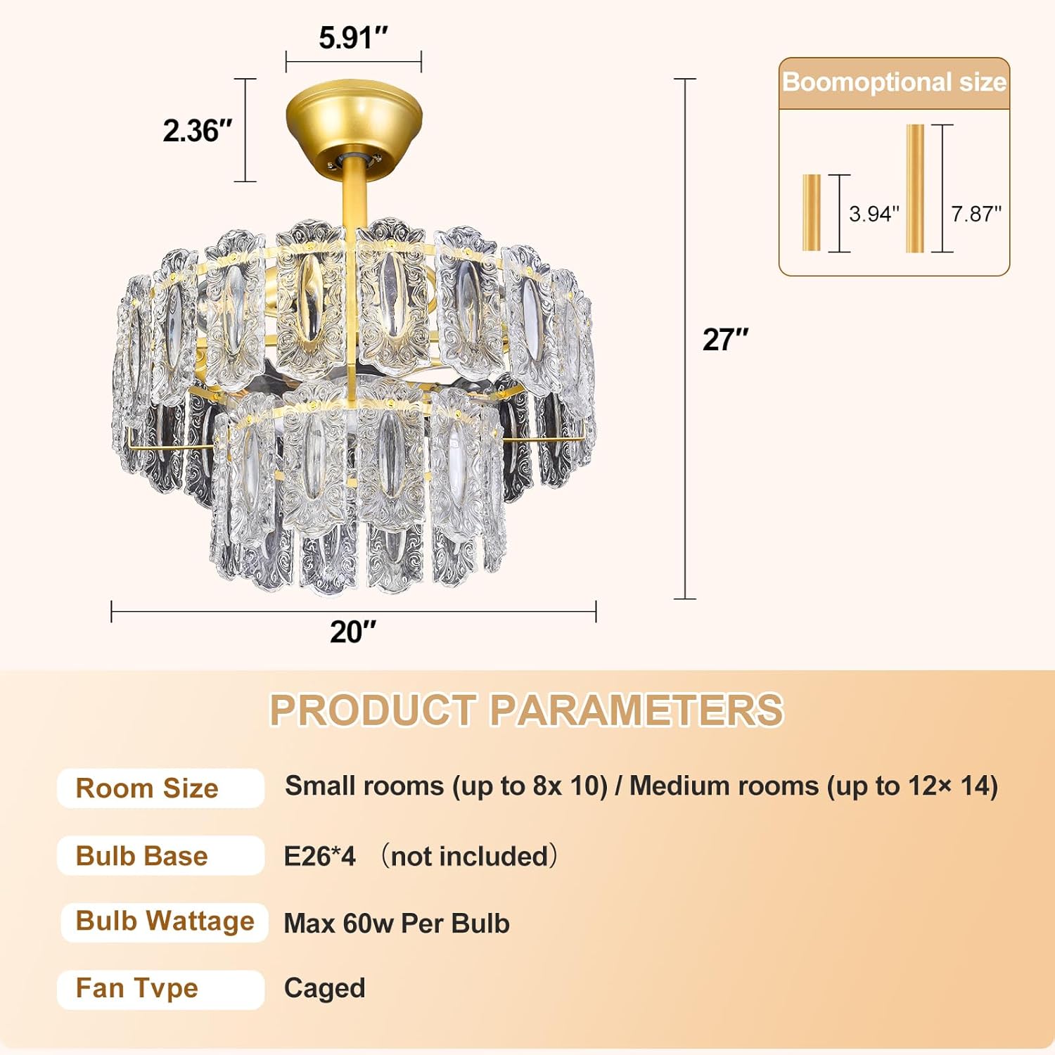 Depuley Bedroom Ceiling Fan with Lights: 20" Gold Chandelier Small Fan with Remote Control - Modern Crystal Fandelier for Girl's Bedroom Living Room Nursery (E26 Bulbs Not Included)