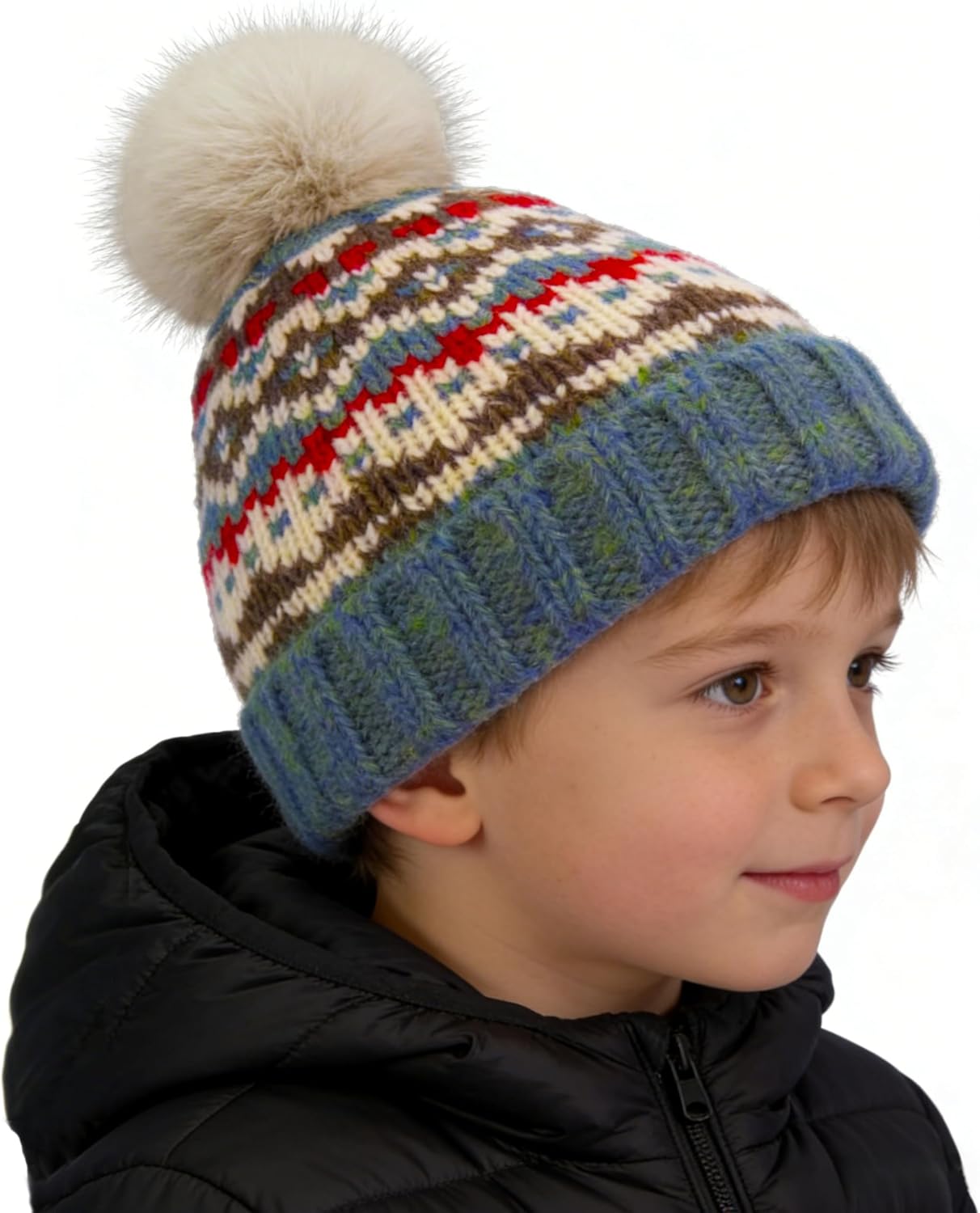 Kids Winter Beanie Hat - Fleece Lined Layer Chunky Knit Pom-Pom Stocking Cap for 3-12 Years Boys Girls Cold Weather