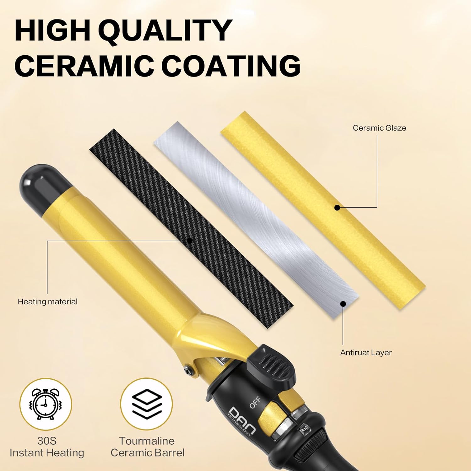 DAN Technology 1 Inch Curling Iron Wand for Soft Natural Waves, Tourmaline Ceramic Hair Curler with 180°F–430°F Adjustable Temperature, Fast Heating, Dual Voltage, Auto Shut-Off, Black & Gold - Image 7