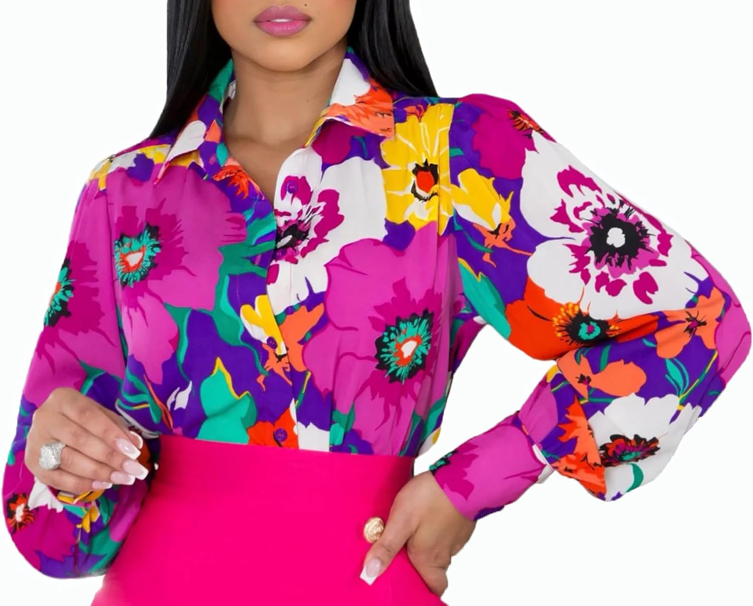 Buchona Outfits for Women Collar Blouses Button Down Shirts Colorful Long Sleeve Floral Print Tops Loose Sexy T-Shirts
