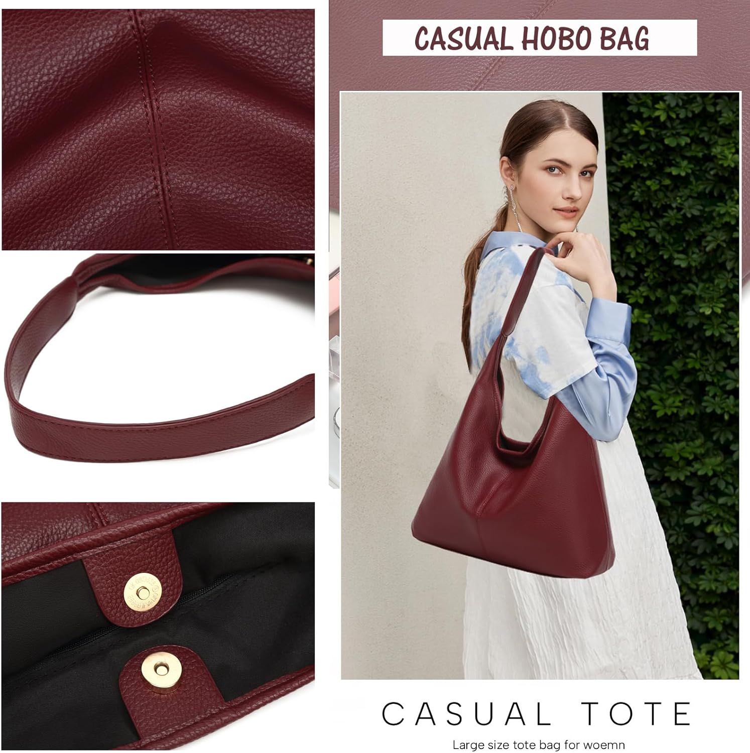 Casual Hobo Bag for Women Soft Shoulder Bags Slouchy Pu Leather Tote Purses for Work Travel - Image 6