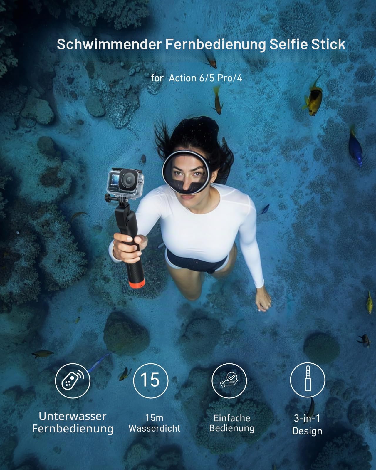 TELESIN Bluetooth-Schwimm-Selfie-Stick mit Stativ für DJI Osmo Action 6 5 Pro 4 – Wasserdichter, ausziehbarer 3-in-1-Stick (Handgriff & Stativ) mit Signalverstärker – Bis zu 15 m unter Wasser