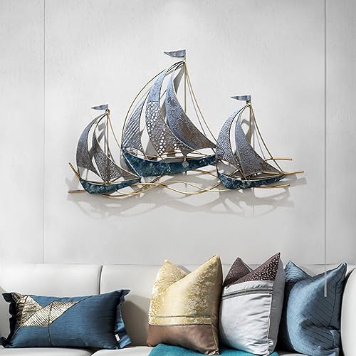 WANGLE Decoración de pared de velero de metal, esculturas de pared de barco náutico 3D, 34.02 pulgadas de largo x 21.26 pulgadas de alto, hecho a