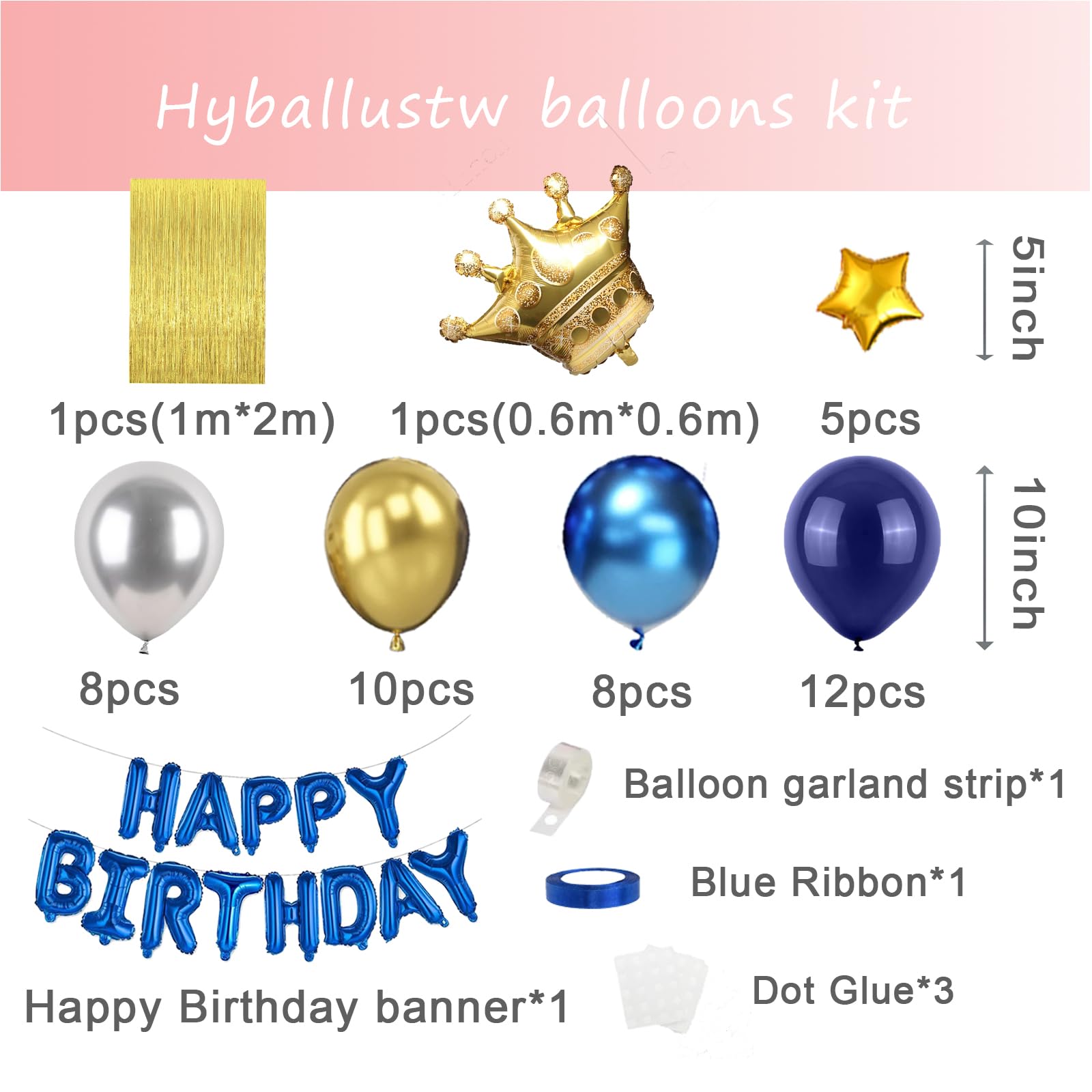 Niebieskie i złote dekoracje urodzinowe dla mężczyzn, chłopców, dziewcząt, Hyballustw 58 szt. balonów z banerem "Happy Birthday", metaliczna zasłona z frędzlami, złota korona na urodziny 18, 21, 30,