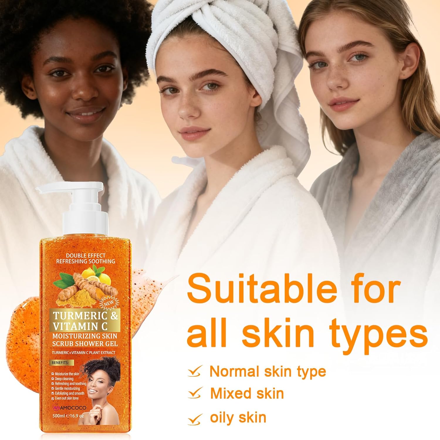 3Packs Vitamin C Turmeric Body Scrub Body Wash, Gentle Exfoliating Shower Gel with Fine Scrub Particles, Hydrating & Moisturizing Daily Cleanser Shower Gel, Unisex, 16.9 fl oz*3