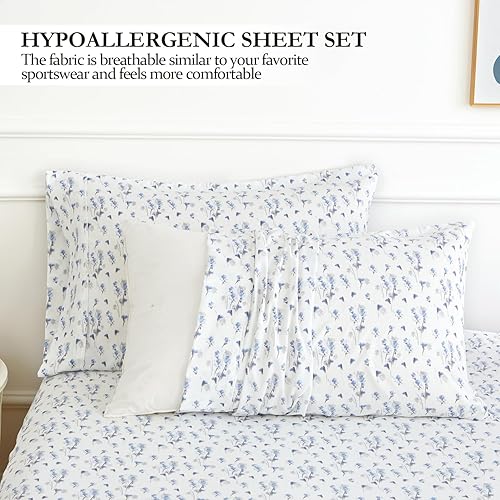 Miniatura 5 de Juego de sábanas florales de lujo tamaño individual, sábanas de microfibra suave de lujo con flores azules para todas las estaciones, bolsillo