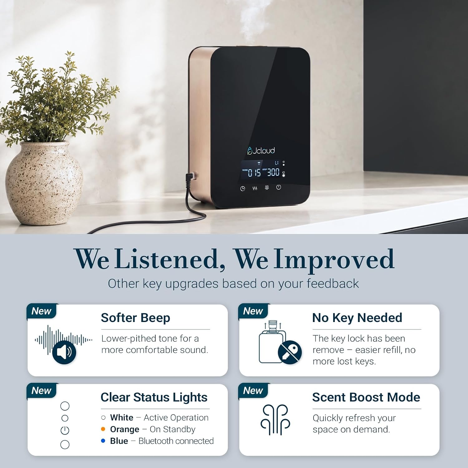 JCLOUD Waterless Essential Oil Diffuser - Cold Air Scent Diffuser Oil Machine for Home Office Hotel, HVAC Compatible, Up to 2000 Sq Ft, Upgraded Display and Button Controls, Black