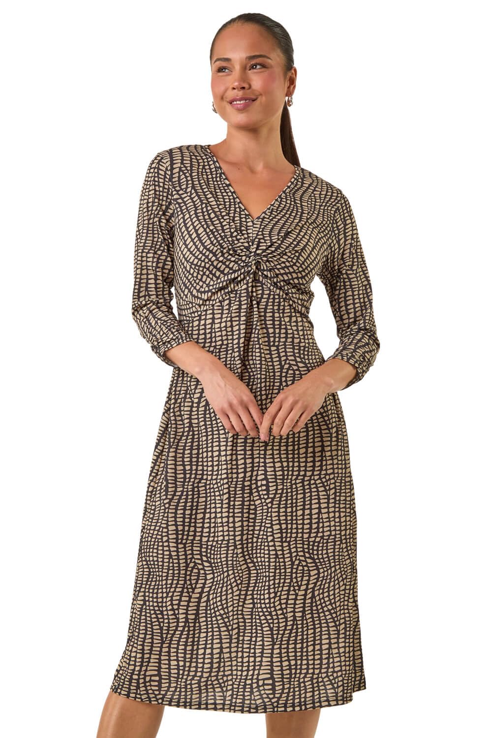 Roman Originals Women's Petite Abstract Mocha Roman Petite Abstract Twist Front Dress For Uk - Everyday Holiday Spring Summer V-Neckline Comfy Soft Evening Vacation Work Party - Size 14