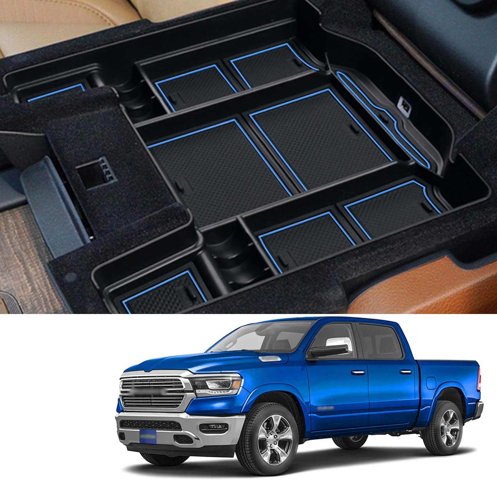 Coleya 2019-2023 Ram 1500 Center Console Organizer, for Dodge Ram 2500 3500 Console Tray 2022 2023 Ram 1500 2500 3500 Console Armrest Organizer Insert Armrest Tray (Blue Mats)