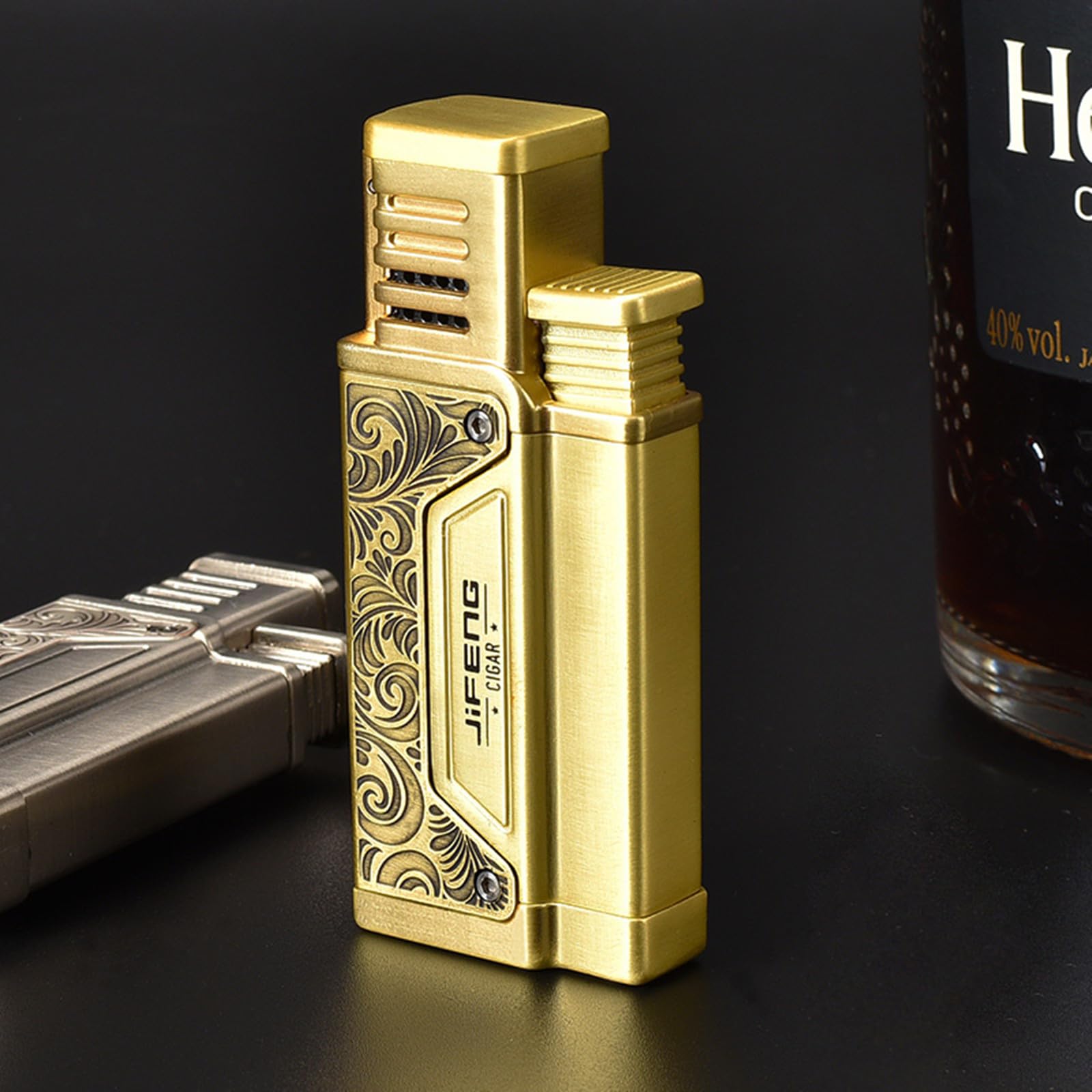 Cigar Torch Lighter, Windproof Straight Jet Flame, Built-in Cigar Punch, Visible Fuel Window,Gift Box for Men Refillable Butane Lighter (Butane Not Included)
