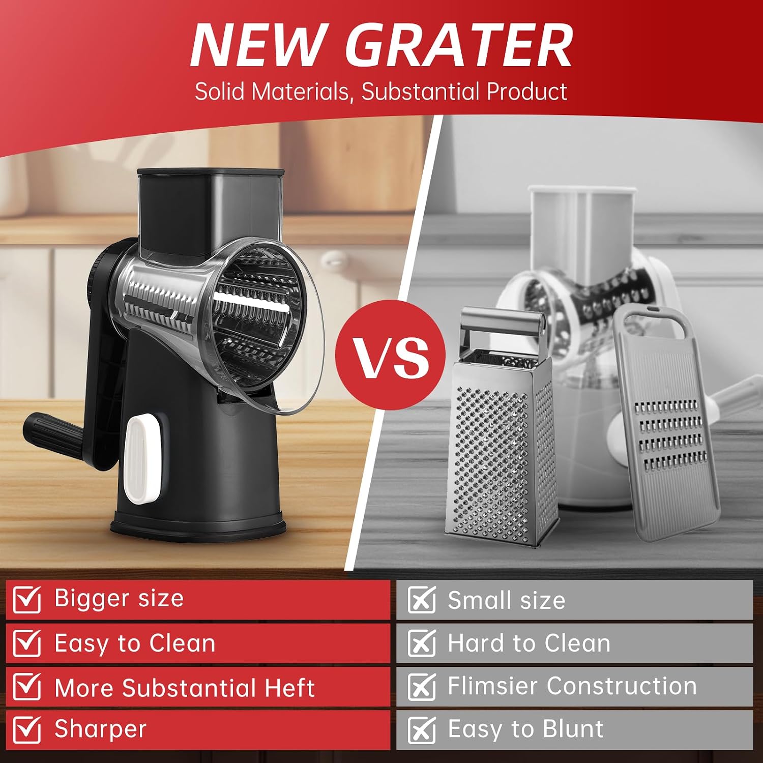 Rotary Cheese Grater with 4 Blades, Hand Crank Cheese Grater with Waffle Slicer, Red, Black and White Cheese Shredder with Suction Base, Easier for Shredding & Grating (Black)