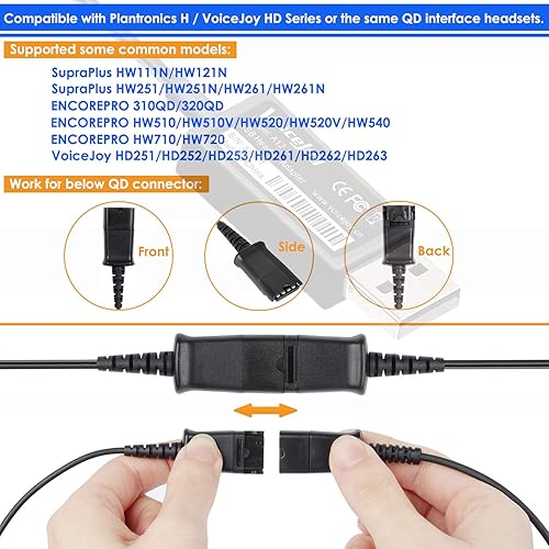 Miniatura 5 de VoiceJoy Cable adaptador de auriculares U10P U10-P, cable de desconexión rápida a enchufe RJ9, repuesto para auriculares QD Plantronics compatible