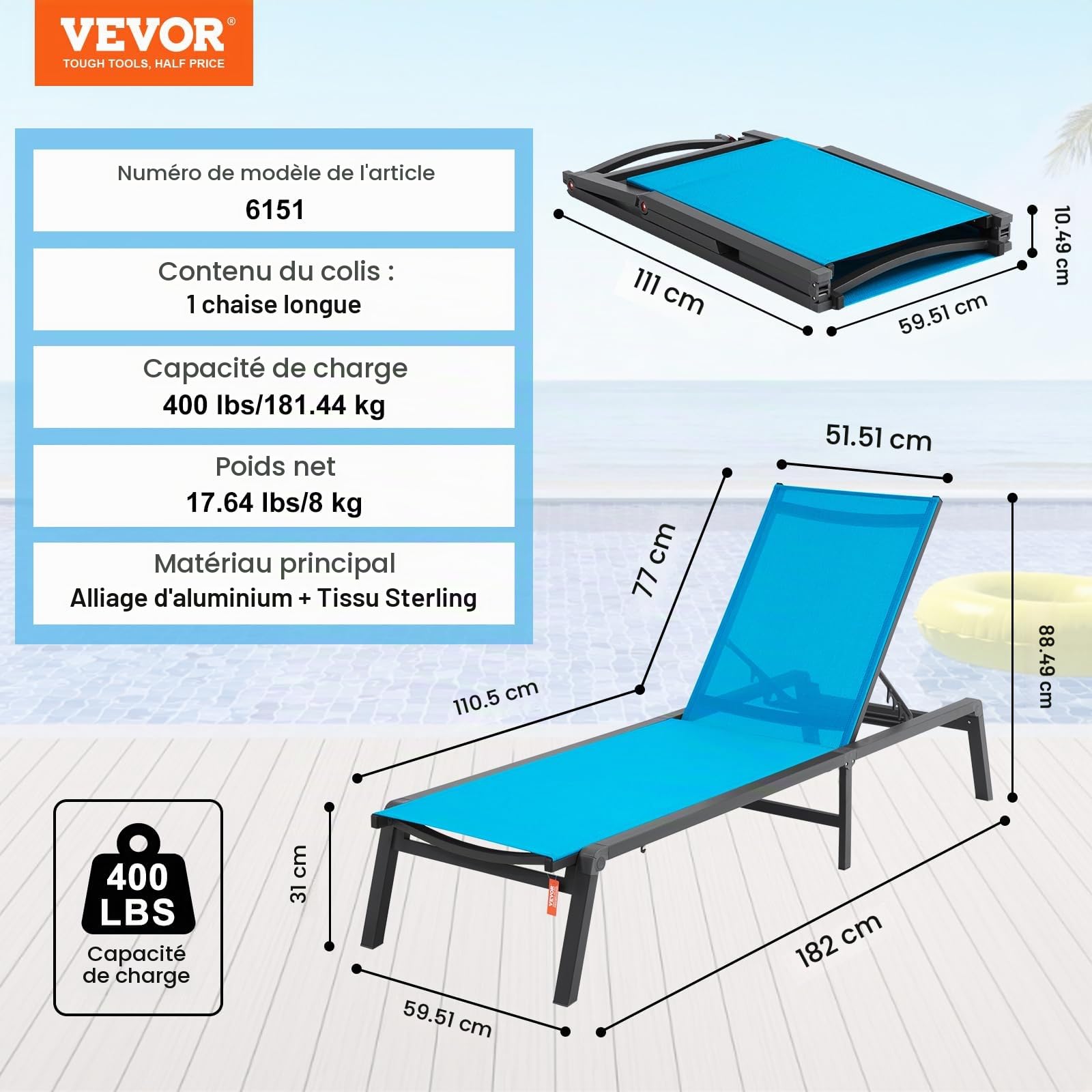 VEVOR Chaise Longue Jardin extérieur, transat de Patio Pliable Aluminium avec 5 Positions réglables, Chaise inclinable de Bronzage entièrement Plate pour terrasse, Plage, Piscine, en Plein air, Bleu