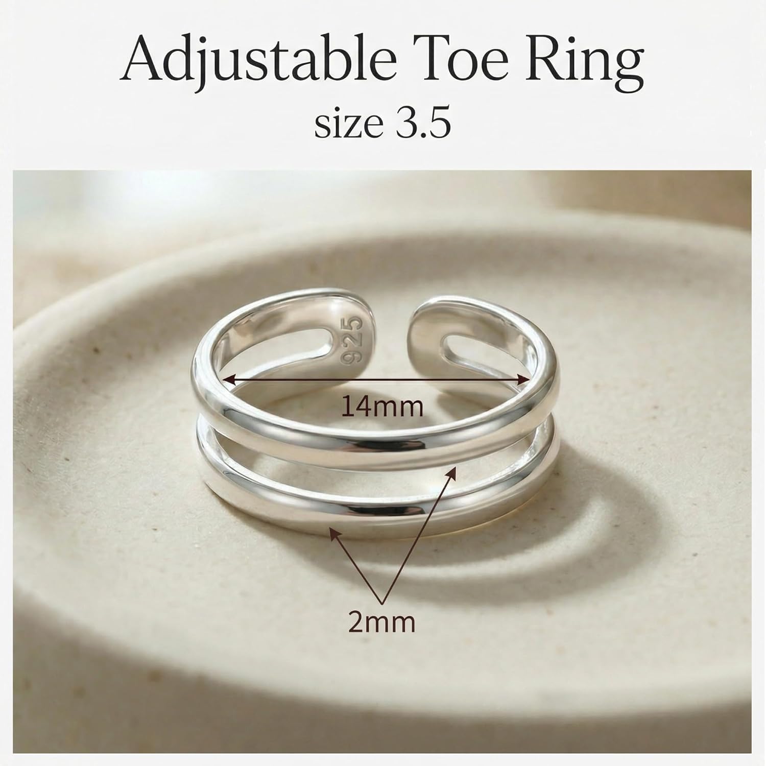 Handmade Silver Adjustable Double Band Toe Ring, 925 Sterling Silver, Classic Dainty Two Lines Open Toe, Pinky, or Knuckle Rings for Women Creations - Image 4