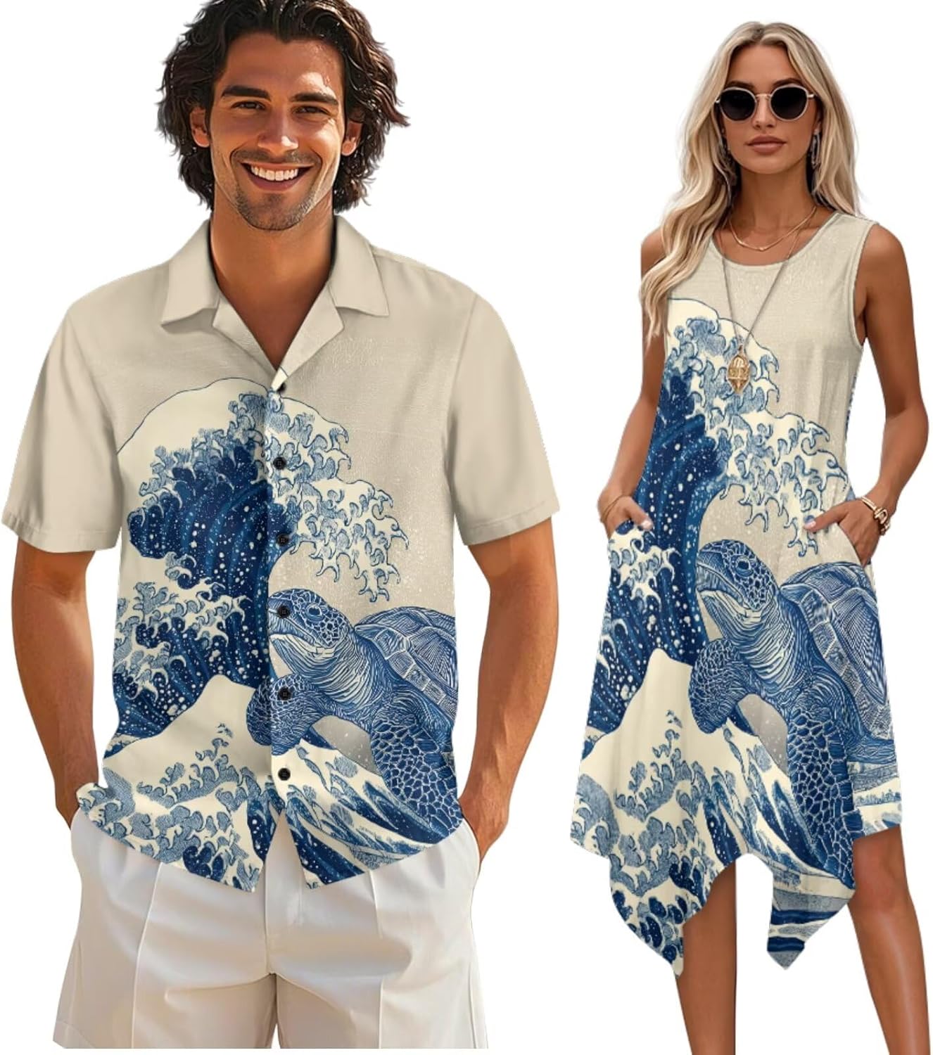 TOADDITDO Couple Clothing Set Mens Shirts Summer Dress for Women Sleeveless Tank Sundress Hawaii Aloha Shirts Vacation Outfit