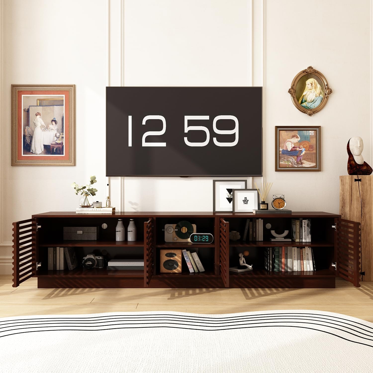 78.7 Inch TV Stand for TVs Up to 85", Mid Century Modern Entertainment Center with Shutter Doors, 6 Shelves and Cable Holes, Long Media Console for Living Room
