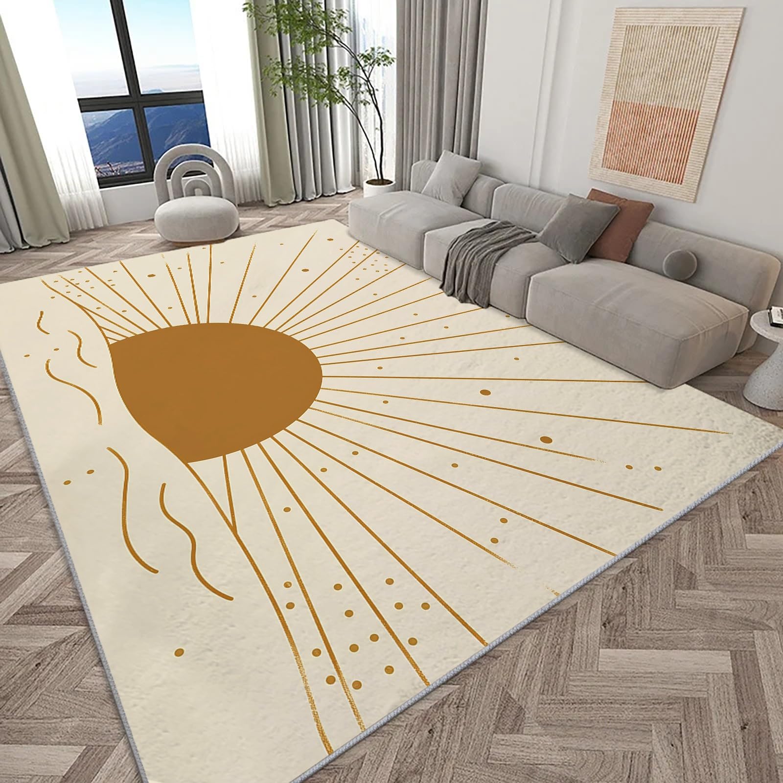 Tapis de salon soleil beige au trait pour illuminer une chambre ou un extérieur