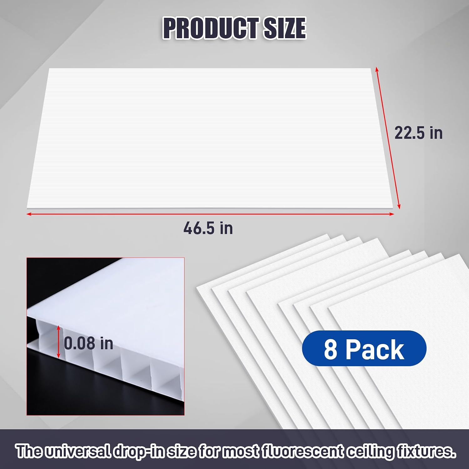 8 Pack Fluorescent Light Diffuser Panel for Drop Ceiling Light, 46.5" x 22.5" x 0.08" Replacement Ceiling Light Sheet Polycarbonate Fixture Panels for Classroom Office Home Hospital (White)