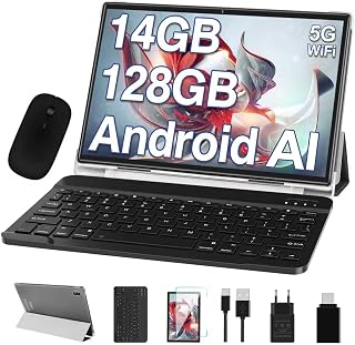 Tablet 10 Pulgadas Tablets Android, 14GB RAM+128GB ROM/TF 1TB, Octa-Core 2.0Ghz, 5G WiFi, BT 5.0, 3.5mm Audio, Batería 8000mAh, Cámara 5+8 MP, Widevine L1, Tablet con Funda, Ratón & Teclado - Gris