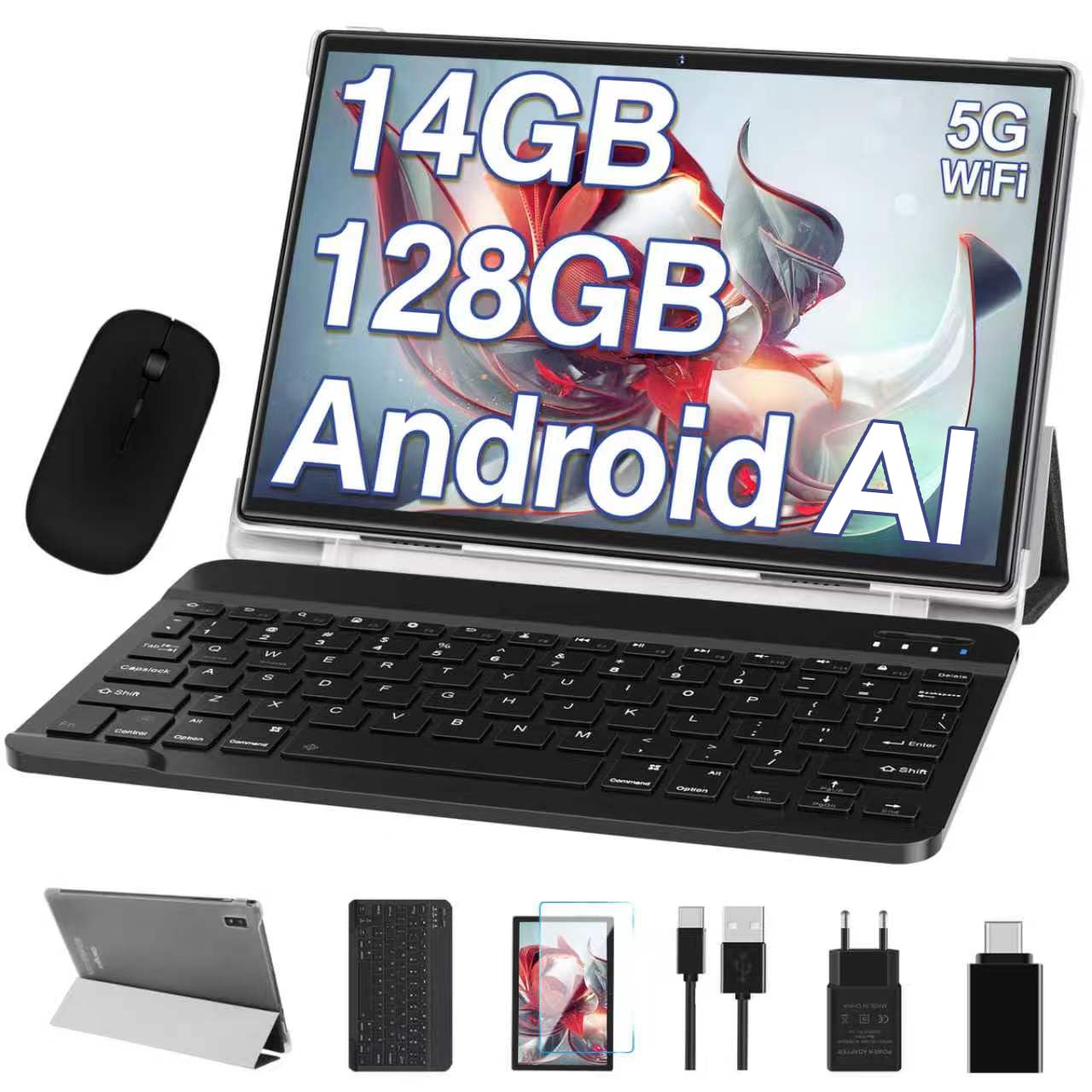 Tablet 10 Pulgadas Tablets Android, 14GB RAM+128GB ROM/TF 1TB, Octa-Core 2.0Ghz, 5G WiFi, BT 5.0, 3.5mm Audio, Batería 8000mAh, Cámara 5+8 MP, Widevine L1, Tablet con Funda, Ratón & Teclado – Gris