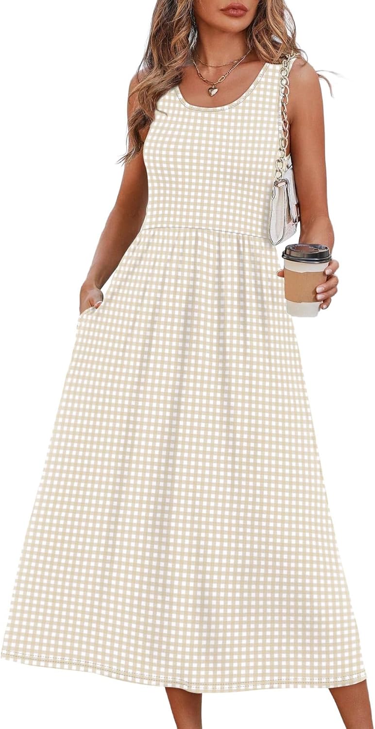 Flowy casual midi dress for beach vacation with pockets