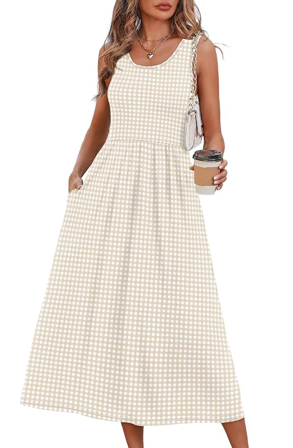 WIHOLL Summer Dresses for Women Beach Vacation Clothes Cruise Resort Wear Outfits 2026 Sun Dress Flowy Midi Maxi Dresses for Seniors Sundresses Spring Dresses Beige Gingham M by WIHOLL - Used condition - US$26.07