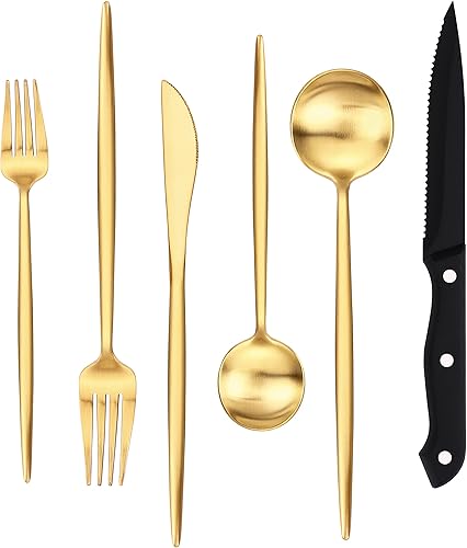 Miniatura 22 de Stapava Juego de cubiertos negros mate de 24 piezas con cuchillos para carne, cubiertos de acero inoxidable para 4, juegos de utensilios