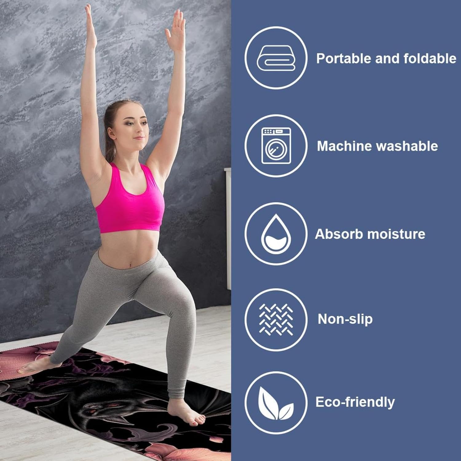 Yoga Towel, Bat Pattern Non Slip Sweat Absorbent Hot Yoga Mat Towel for Hot Yoga, Pilates and Fitness - 72.8" x 26.8"