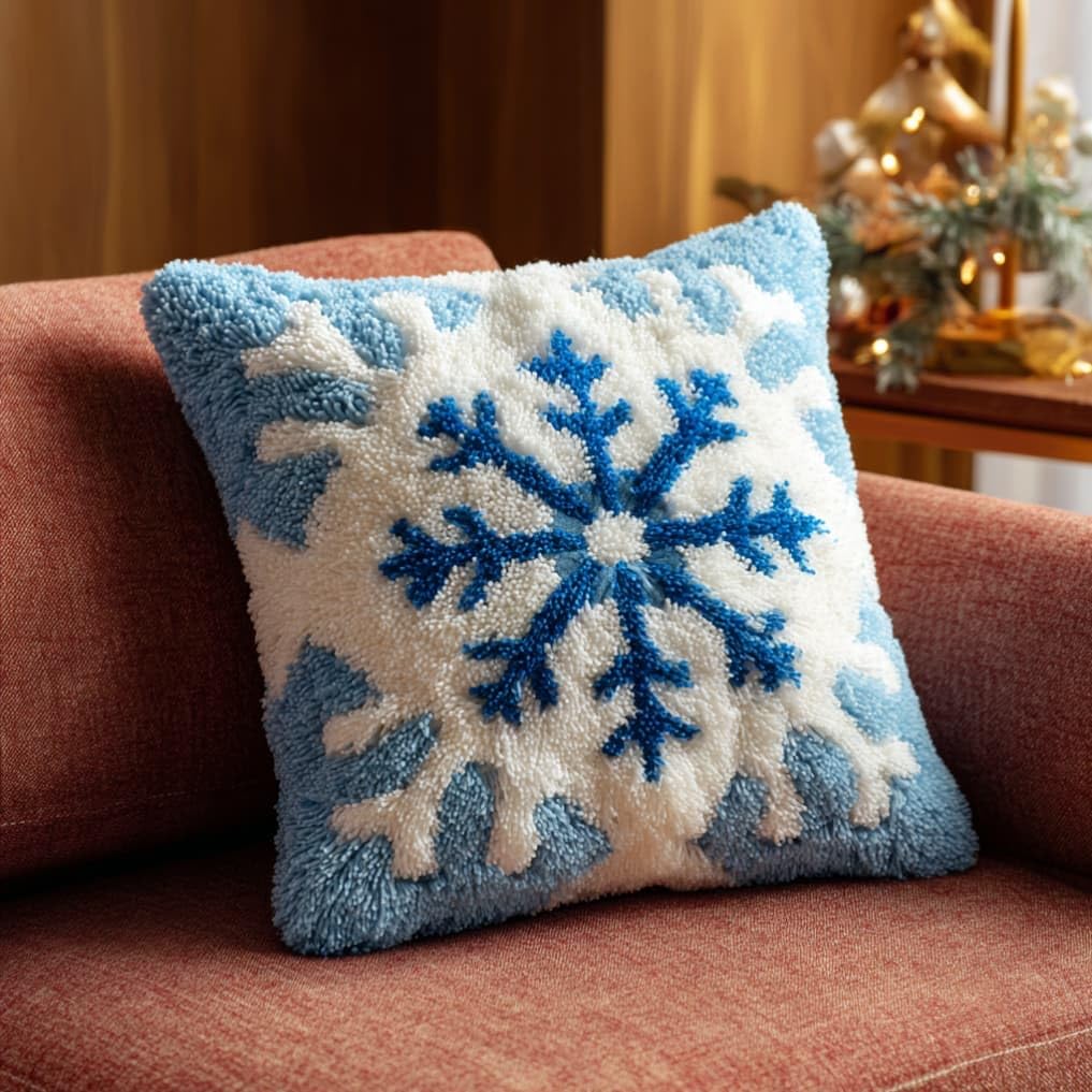 Taxpy Latch Hook Cushion Kits Snowflake Pillowcase Kits Embroidery Kit 17X17 Inch DIY Needlework Pillow Cover Sofa Cushion Rug Making