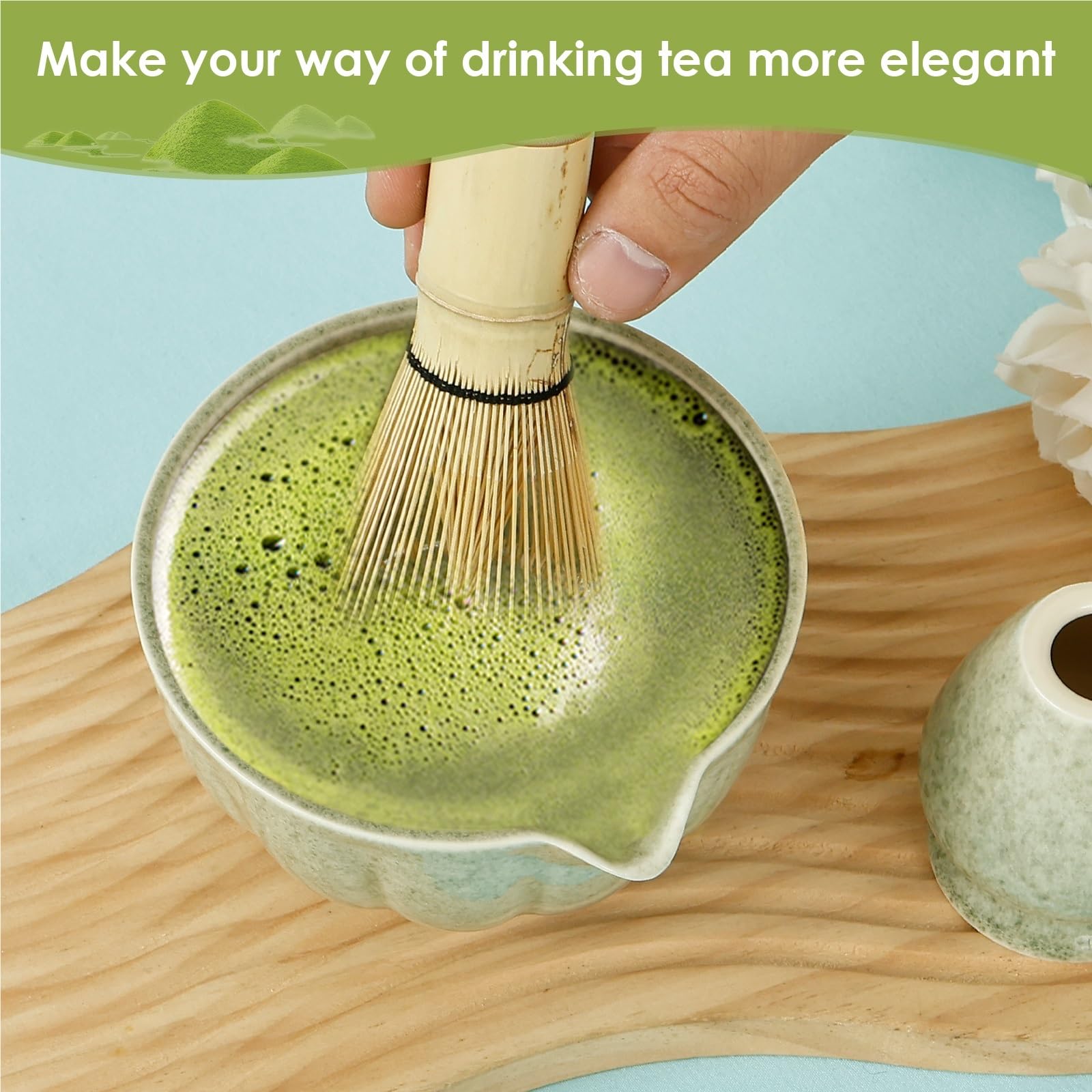 Ensemble Matcha Ensemble de 4 fouets à Matcha, élégant Ensemble Tasses thé avec Support for Fouet, Bol en céramique, ustensile Cuisine for Les Amateurs(Green)