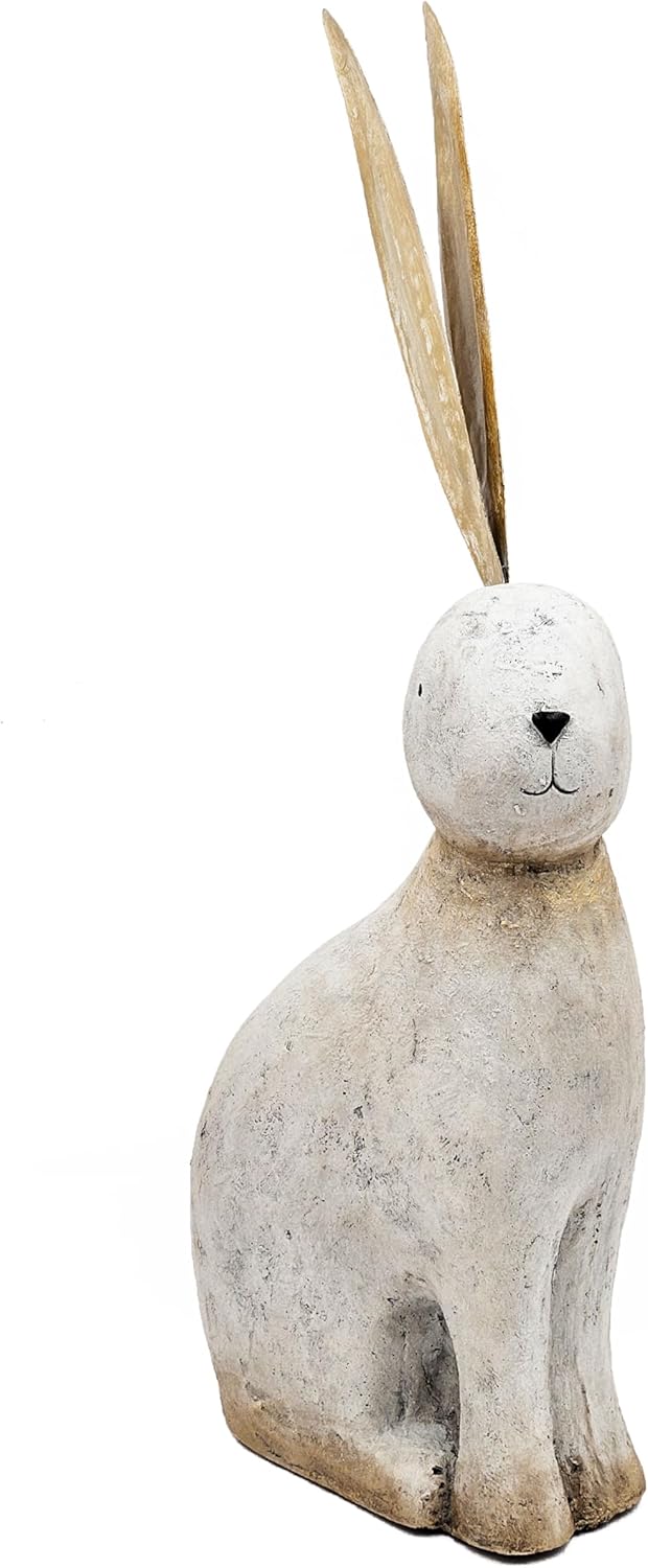 White Minimalist Rabbit Figurine with Gold Metal Ears, 25” Tall French Country Accent Sculpture, Decorative Magnesium Statue, for Tabletop, Mantel, Centerpiece Display