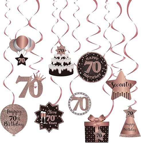 Decoración de techo de remolinos colgantes para fiesta de 70 años, 70 remolinos colgantes de papel de aluminio con recortes para 70 años de edad,