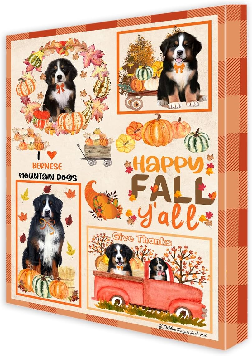 Doggie of the Day Fall Y'All with Bernese Mountain Dog Canvas Wall Art - Premium Quality Ready to Hang Room Decor - Flat Rolled 11" x 14"