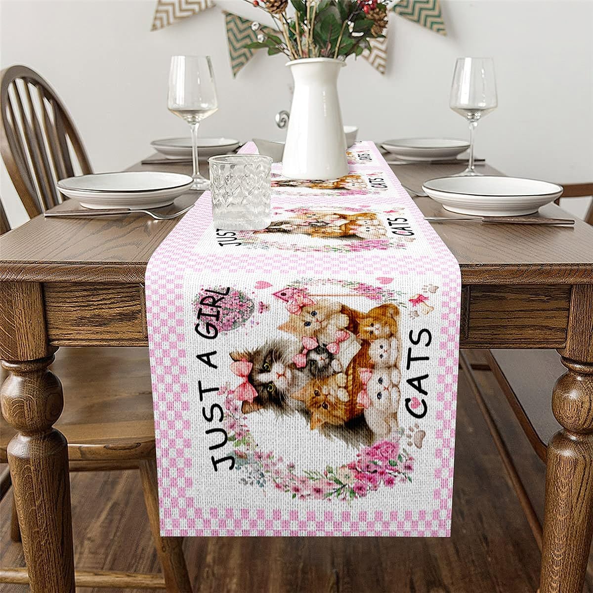 Erosebridal Cat Table Runner for Boys Girls Kids Cute Cartoon Animal Rectangular Runner for Cat Lovers Funny Cute Kitten for Table Center Decor Kawaii Pet Themed for Dining Living Room Bedroom,13x60 image 2