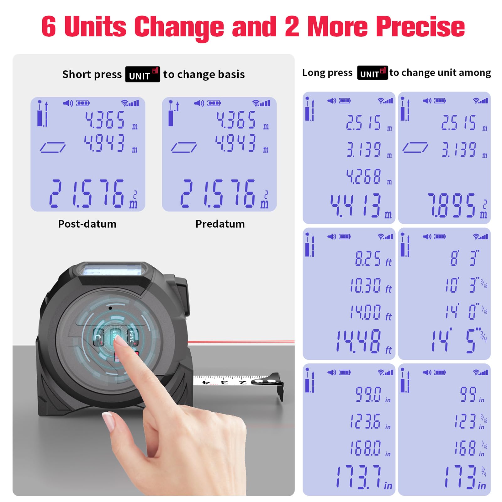 Cinta Métrica Láser 3 en 1, Medidores Distancia Láser Digitales con Nivel y Cinta Métrica 5M Compatible con Medición Pitagórica, área & Volumen & Conversión M/pies/Pulgadas